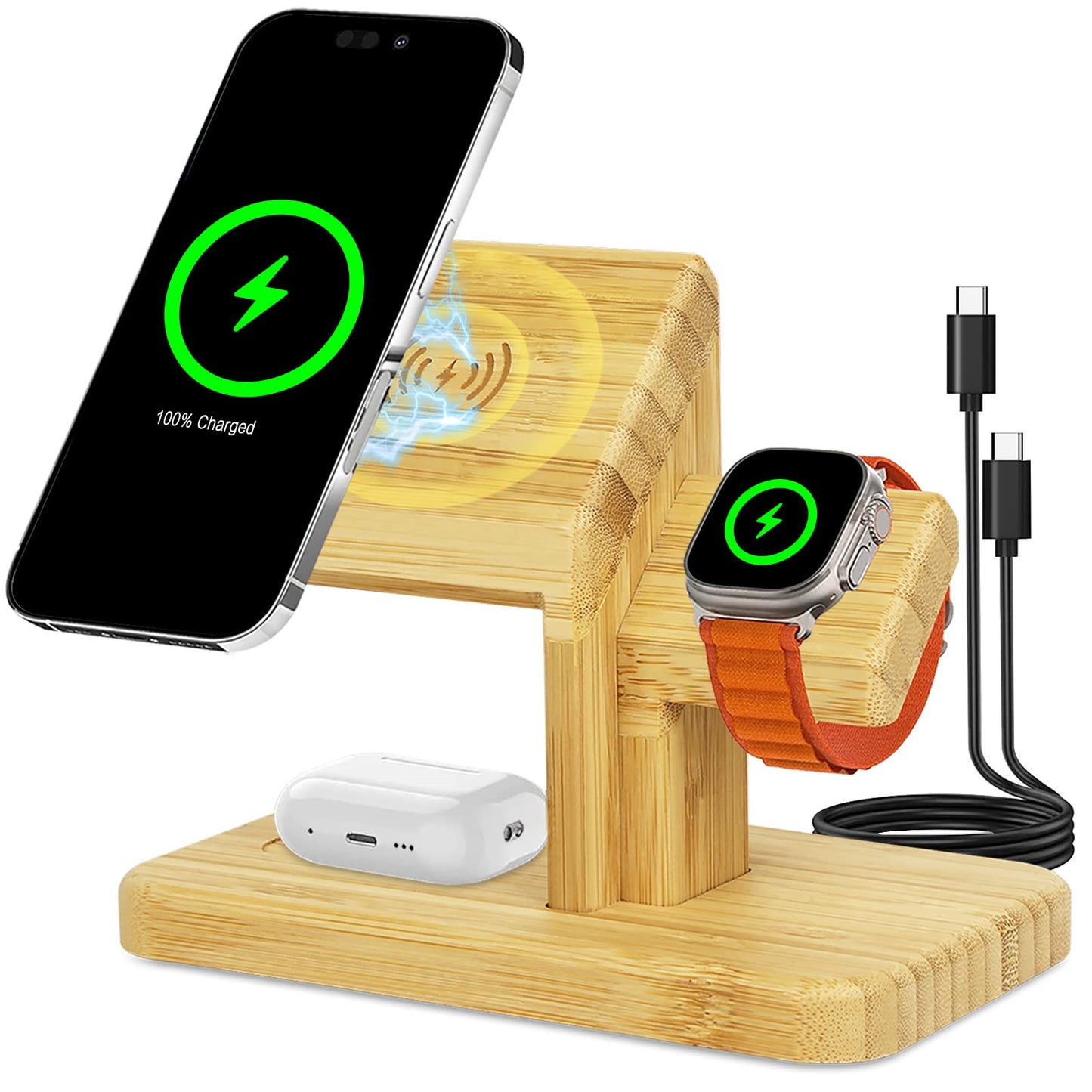 Wireless Charging Station for Apple, 3 in 1 Wireless Charger Stand, 20W Fast Magnetic Bamboo Charging Station for iPhone 14/13/12 Pro/Max/Plus, for Apple Watch 8/7/6/SE/5/4/3/2, for Airpods 3/2/Pro#3