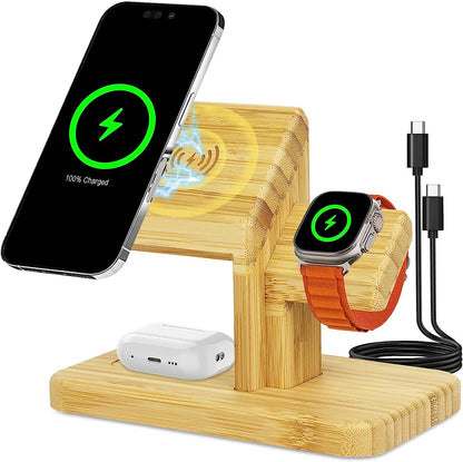 ODUFO 3 in 1 charging station apple,Wireless Charging Station for Apple, ODUFO 3 in 1 Wireless Charger Stand, 20W Fast Magnetic Bamboo Charging Station for iPhone 14, for Apple Watch , for Airpods,