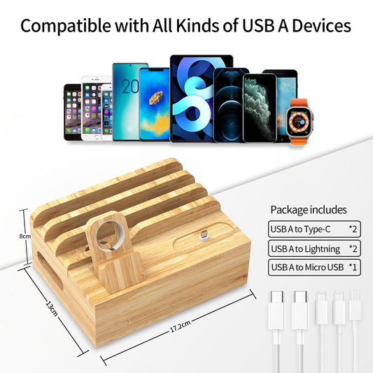 Bamboo Charging Station for Multi Device with 5 USB A Charger Port Sendowtek 6 in 1 Charging Stand for Phone Tablet Smart Watch Holder Earbud Dock Charger Organizer with Power Supply(no watch charger)