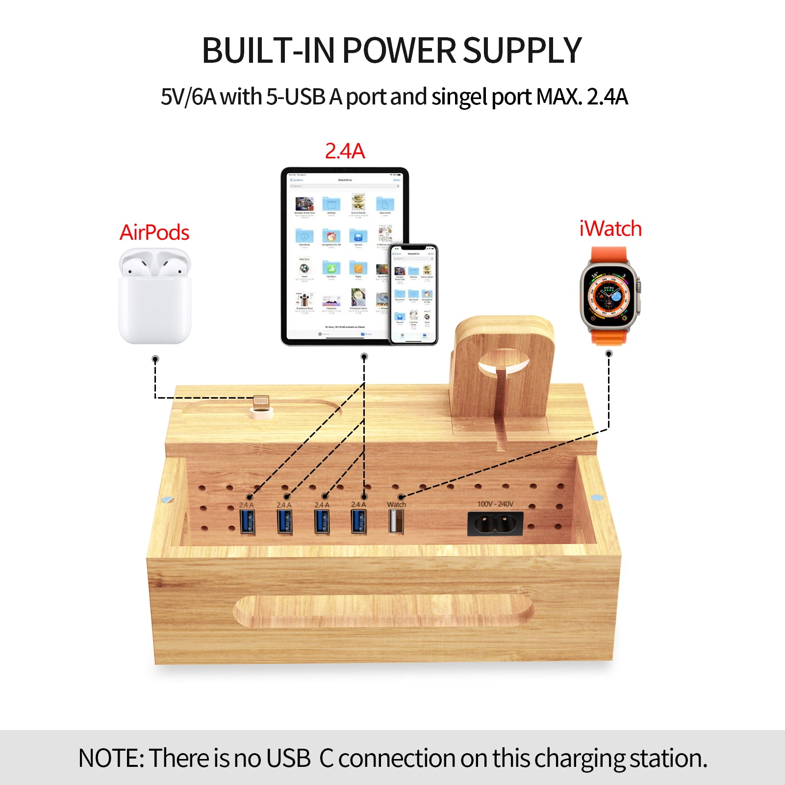 Bamboo Charging Station for Multi Device with 5 USB A Charger Port Sendowtek 6 in 1 Charging Stand for Phone Tablet Smart Watch Holder Earbud Dock Charger Organizer with Power Supply(no watch charger)