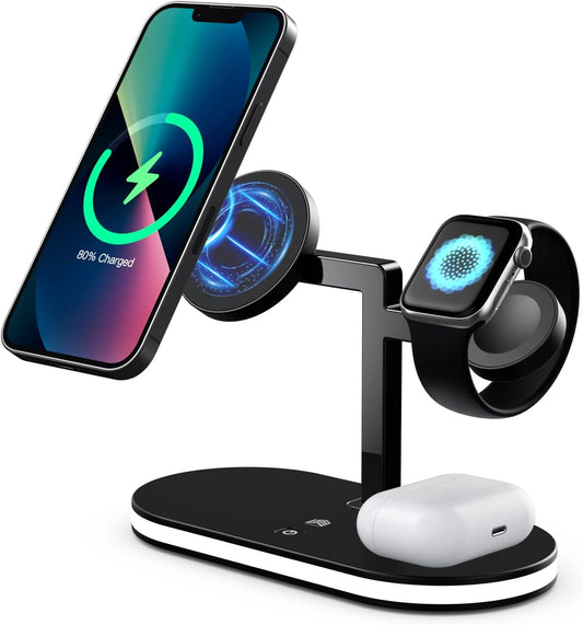 3 in 1 Aluminum Alloy Magnetic Wireless Charger for Magsafe Charger Stand GREENLEMON Fast Wireless Charging Station for iPhone 14 13/12 Series Apple Watch Airpods with LED Lamp 18W Adapter Black