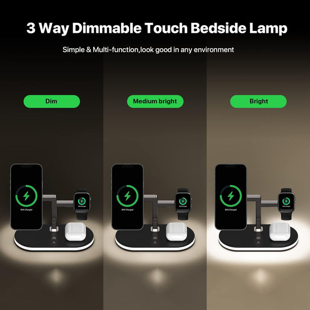 3 in 1 Aluminum Alloy Magnetic Wireless Charger for Magsafe Charger Stand GREENLEMON Fast Wireless Charging Station for iPhone 14 13/12 Series Apple Watch Airpods with LED Lamp 18W Adapter Black