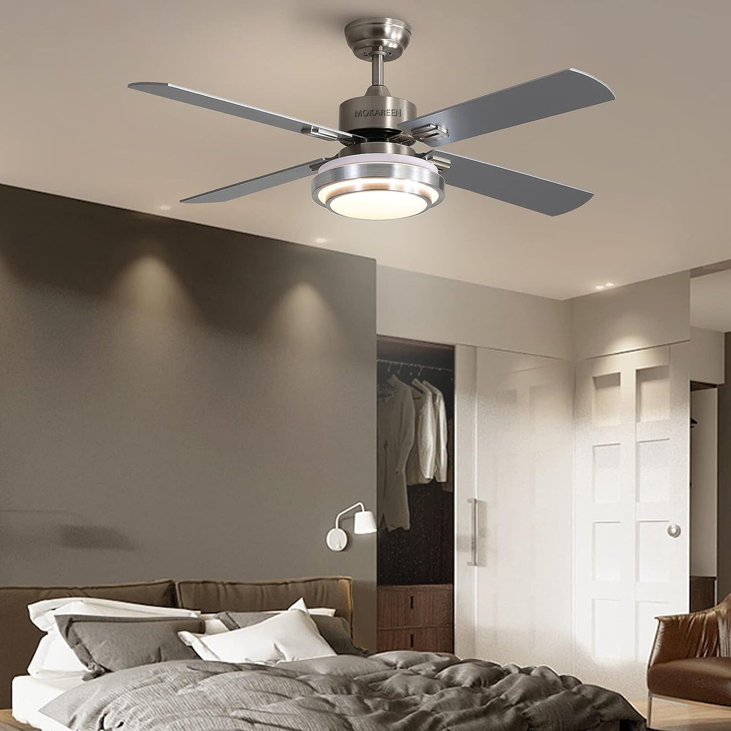 MOKAREEN Outdoor Ceiling Fan with Light & Remote, 4 Blades Farmhouse Ceiling Fan with Light for Patio Living Room Bedroom Outdoor